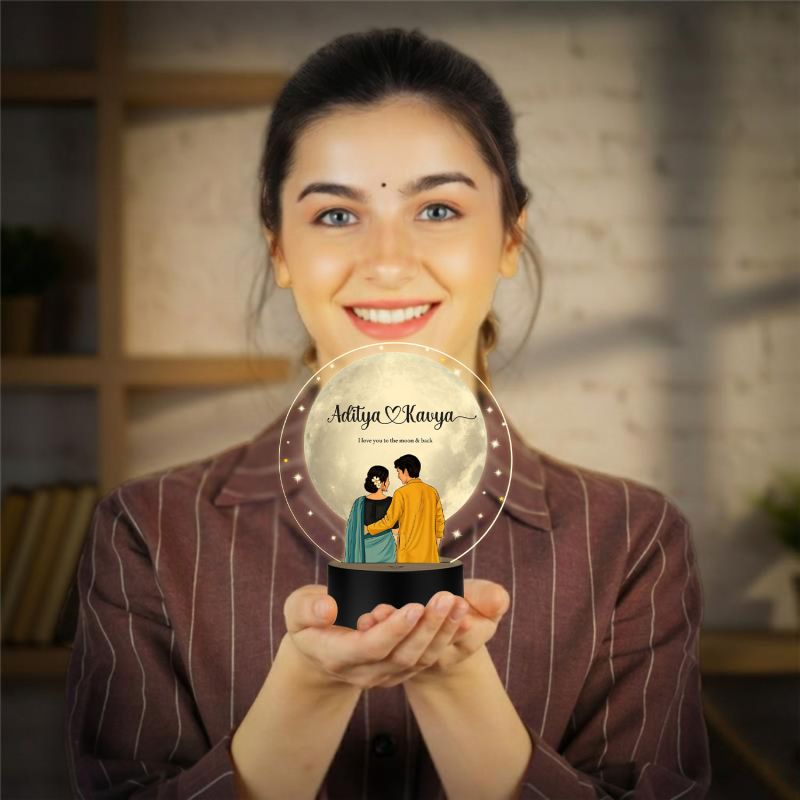 Personalized Couple Name LED Night Lamp Custom with Name & Date Unique Gift for Anniversary, Wedding, Marriage, Valentine Day, Birthday Warm White Light (Moon Lamp)